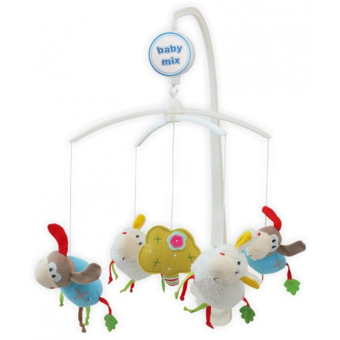 Muzikālais karuselis mazuļa gultiņai "Ēzelīši" ar mīkstām mantiņām