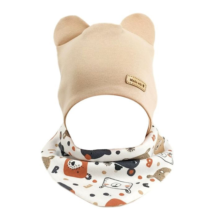 Zīdaiņu cepurīte ar šalli  "Love" - Beige bears