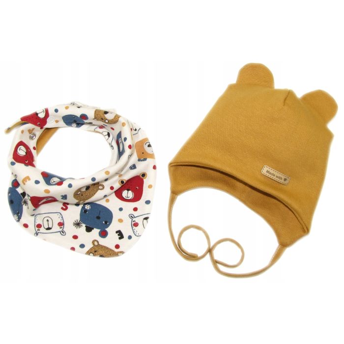 Zīdaiņu cepurīte ar šalli  "Love" - Mustard