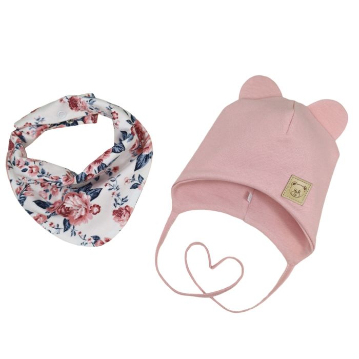 Zīdaiņu cepurīte ar šalli  "Love" - Powder pink flora