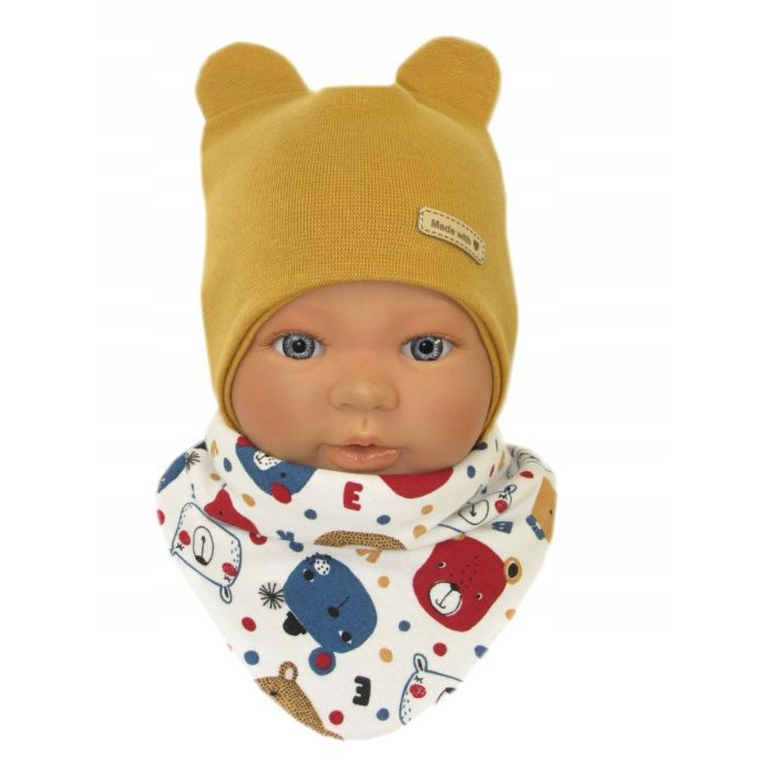 Zīdaiņu cepurīte ar šalli  "Love" - Mustard