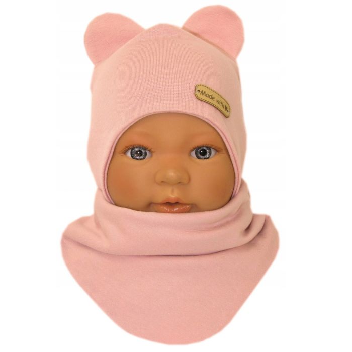 Zīdaiņu cepurīte ar šalli  "Love" - Powder pink flora