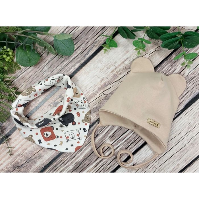 Zīdaiņu cepurīte ar šalli  "Love" - Beige bears