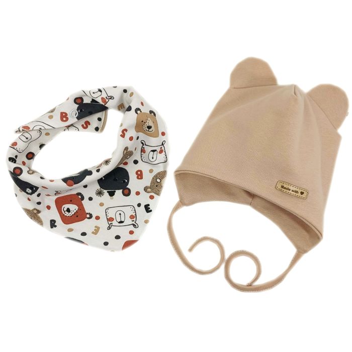 Zīdaiņu cepurīte ar šalli  "Love" - Beige bears