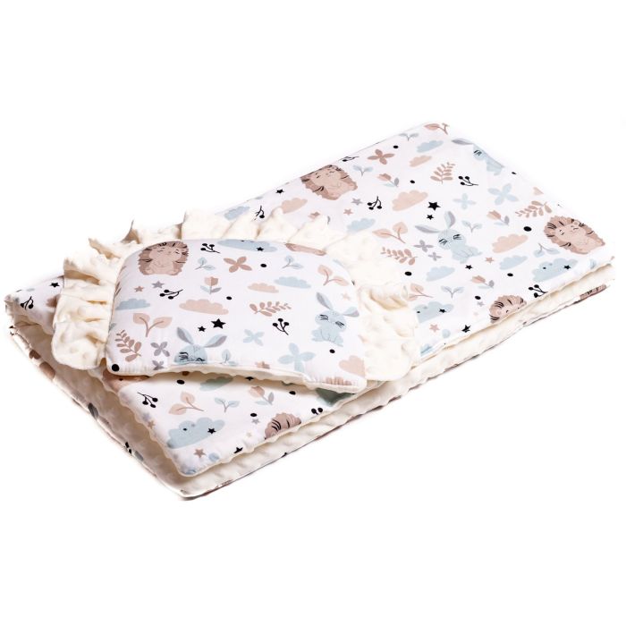 Komplekts ratiņiem spilvens un sega "Bunny& Hedgehog" bēšs