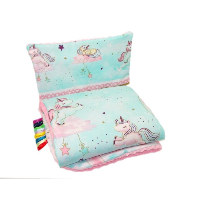 Komplekts ratiņiem spilvens un sega "Lovely unicorns" tirkīza 
