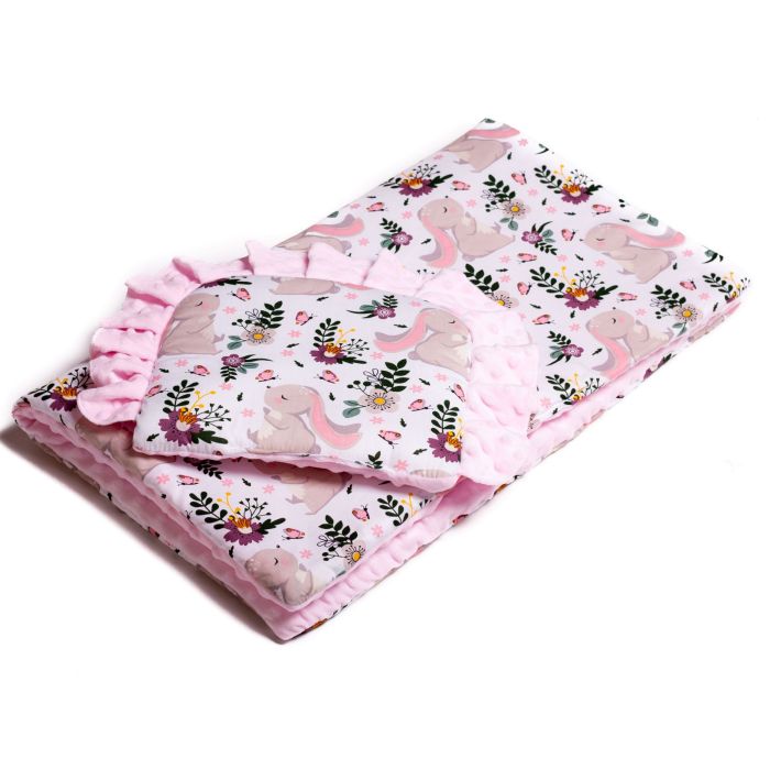 Komplekts ratiņiem spilvens un sega "Bunnies &Flowers"