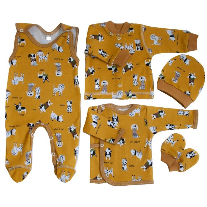 Kūdikio kraitelis - drabužėliai naujagimiui "Baggy" 5 dalių garstyčių spalvos