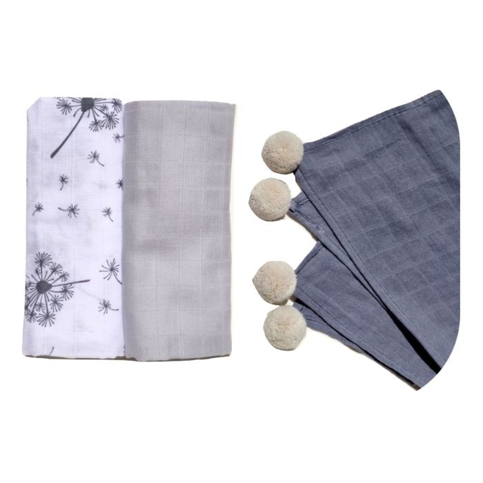 Muslīna autiņi komplekts "Grey" 3 gab. ar pom-poms