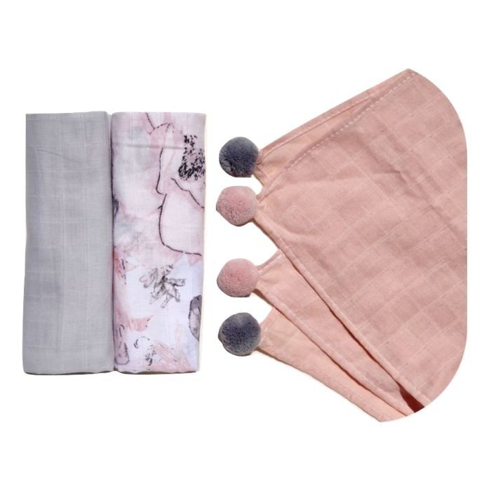 Muslīna autiņi komplekts "Pinky" 3 gab. ar pom-poms