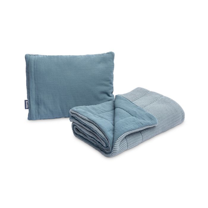 Muslīna un adīts kokvilnas pleds un spilvens zīdainim "Luxury" zils