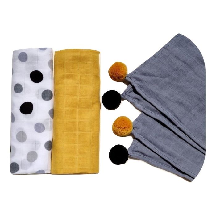 Muslīna autiņi komplekts "Yellow" 3 gab. ar pom-poms