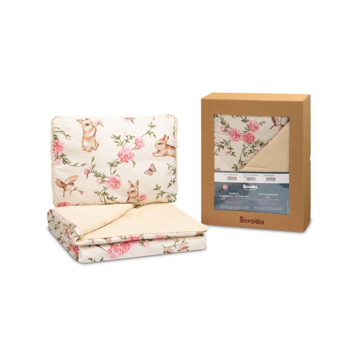 Muslīna un kokvilnas pleds un spilvens zīdainim "Alise" ecru