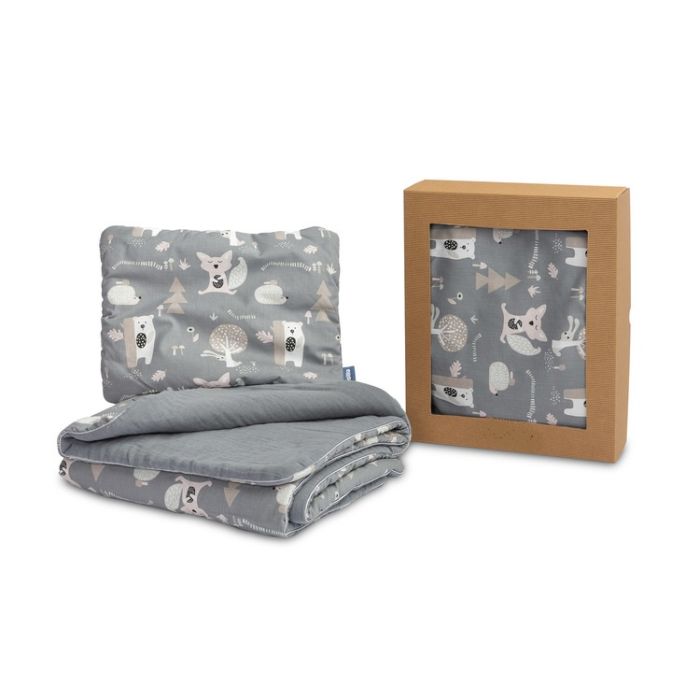 Muslīna un kokvilnas pleds un spilvens zīdainim "Friends" pelēks