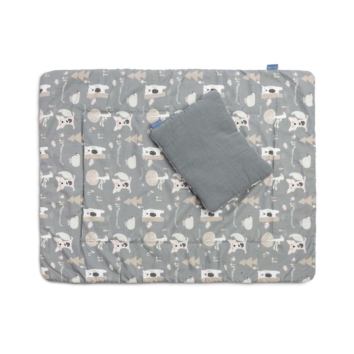 Muslīna un kokvilnas pleds un spilvens zīdainim "Friends" pelēks