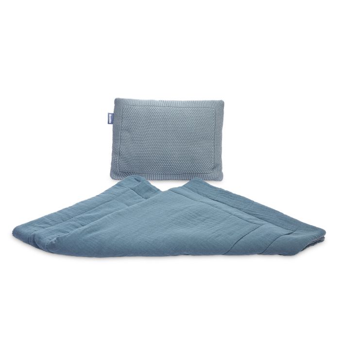 Muslīna un adīts kokvilnas pleds un spilvens zīdainim "Luxury" zils