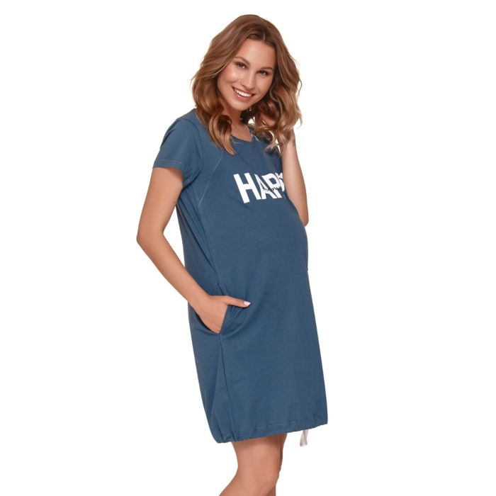 Kokvilnas naktskrekls grūtniecēm un barojošām "Happy" DEEP BLUE