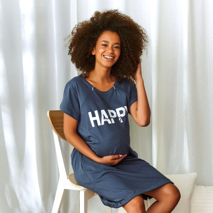 Kokvilnas naktskrekls grūtniecēm un barojošām "Happy" DEEP BLUE