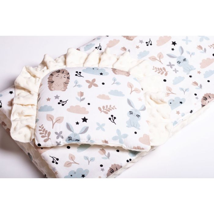 Komplekts ratiņiem spilvens un sega "Bunny& Hedgehog" bēšs