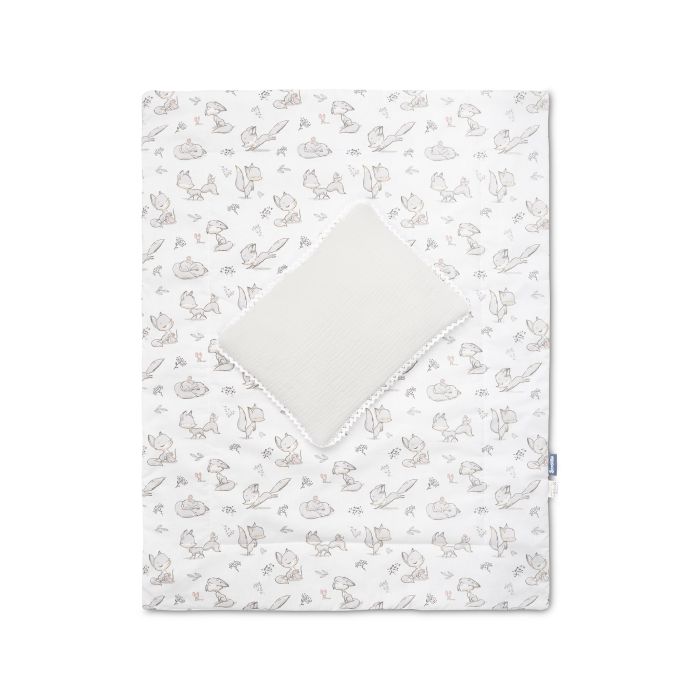 Muslīna un kokvilnas pleds un spilvens zīdainim "Foxy" pelēks