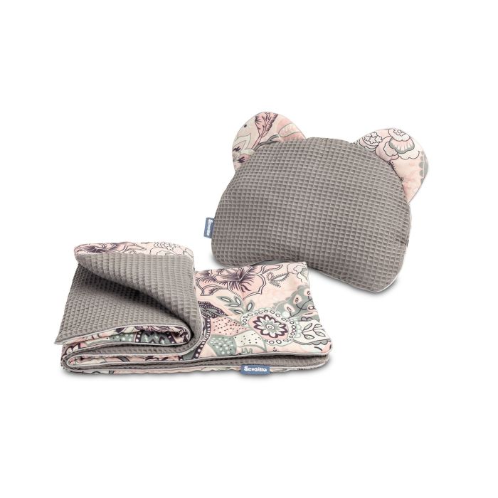 Komplekts "Pale flowers" pleds 56x76 cm un spilvens 30x35 cm pelēks