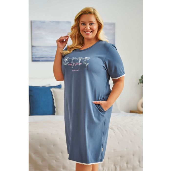 Kokvilnas sieviešu naktskrekls  "Lady of flowers" deep blue