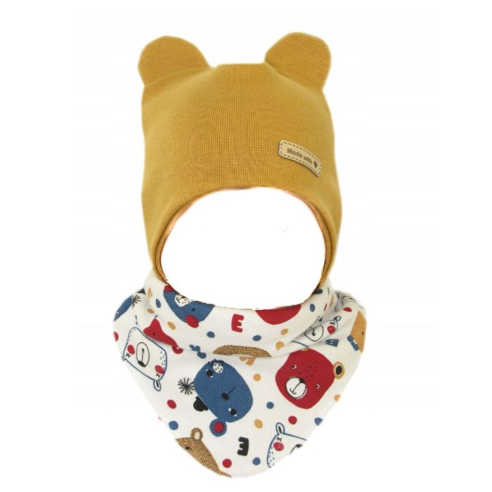 Zīdaiņu cepurīte ar šalli  "Love" - Mustard