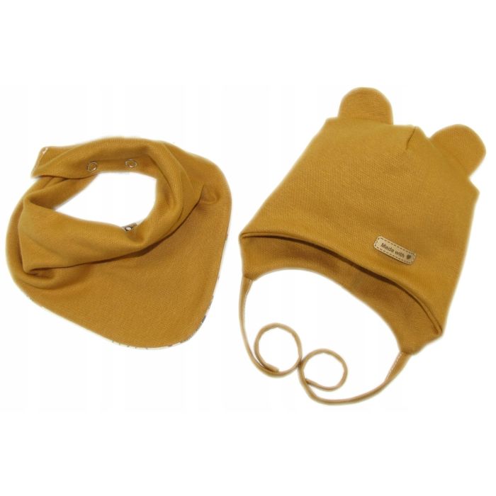 Zīdaiņu cepurīte ar šalli  "Love" - Mustard