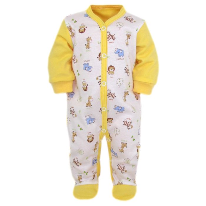 Zīdaiņu kokvilnas rāpulītis ar piedurknēm "Zoo" dzeltens