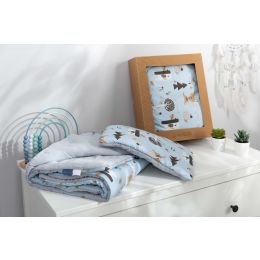 Muslino ir medvilnės pledukas ir pagalvė kūdikiui "Friends" melsvas 