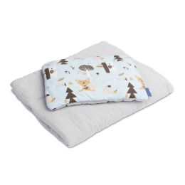 Muslino ir medvilnės pledukas ir pagalvė kūdikiui "Friends" melsvas 